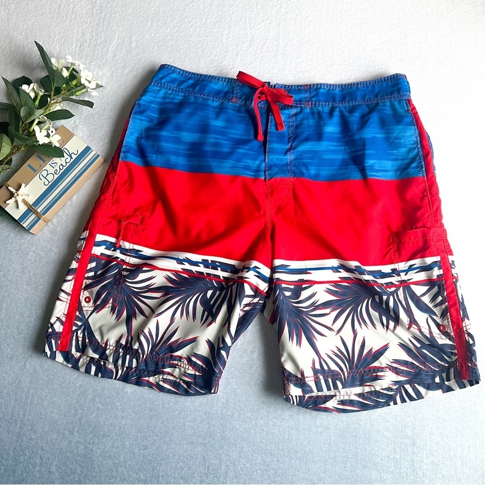 Wave Zone Sz XL Men’s Tropical Print Cargo Swim-Trunks Red White Blue UV Protect
